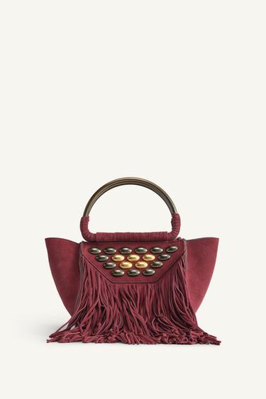 MINI CITY BAG CON FRANGE IN PELLE SCAMOSCIATA LIMITED EDITION - Rosso bordeaux di Zara