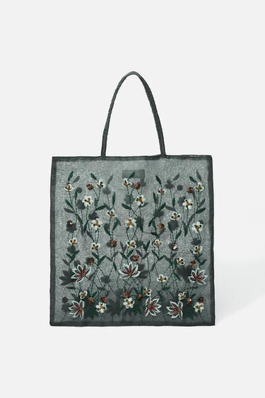 Zara EMBROIDERED FABRIC BAG - Blue