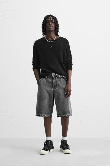 Zara BAGGY FIT DENIM SHORTS - Black