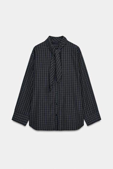Zara PLAID COTTON HANDKERCHIEF SHIRT - Black / Ecru