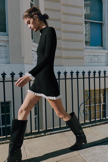KNIT DRESS WITH RUFFLE TRIM — Black 1