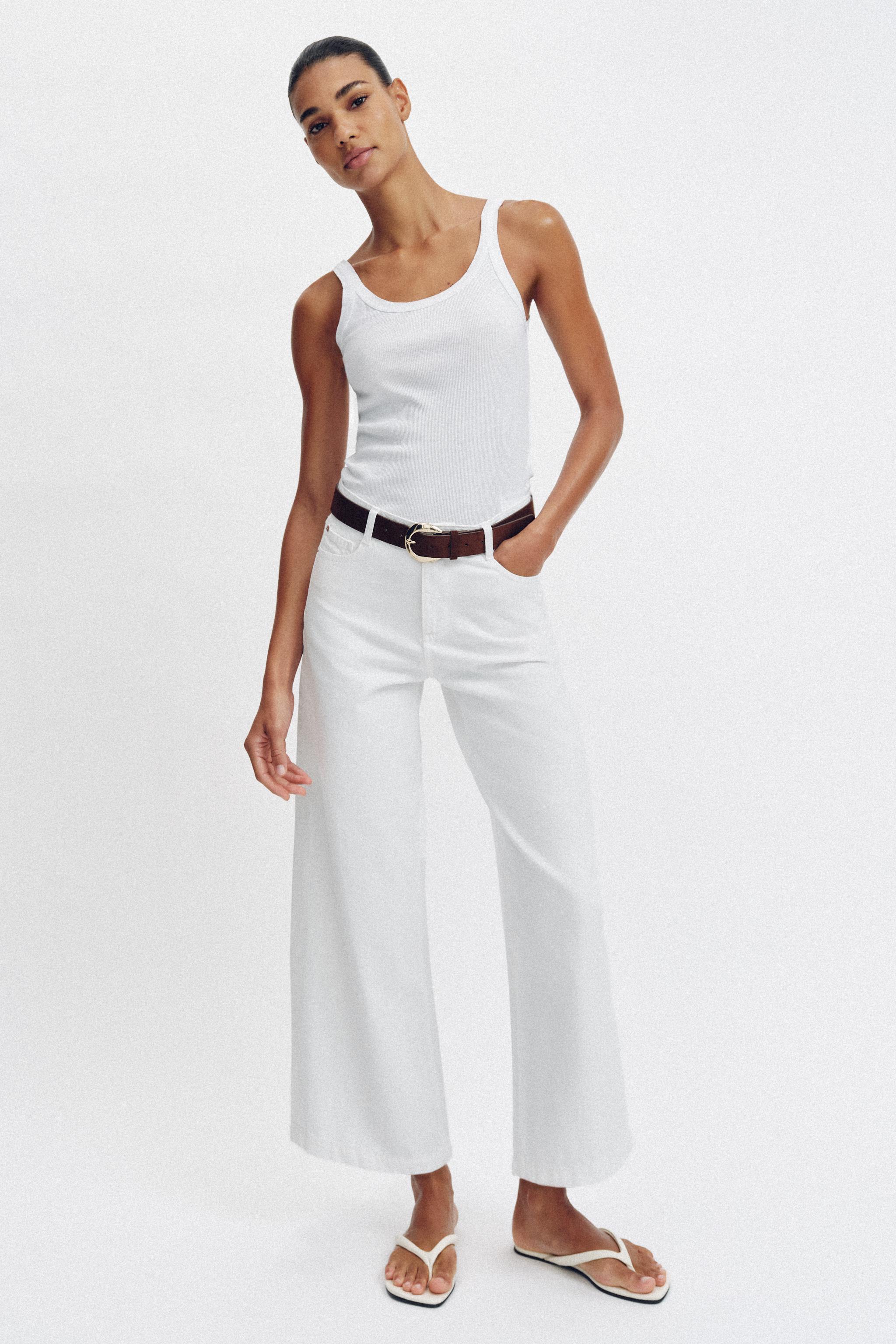 Zara KEMERLİ YÜKSEK BEL KISA GENİŞ PAÇA JEAN