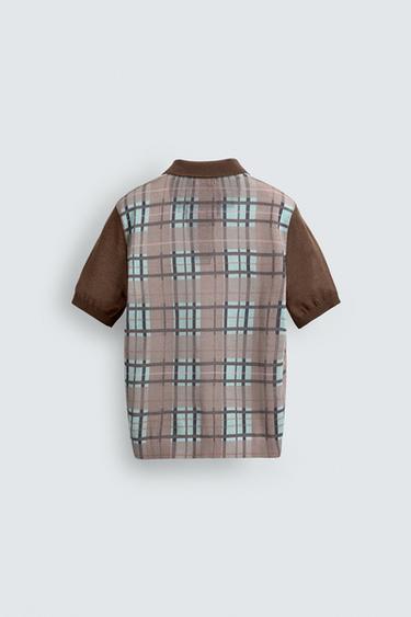 POLO EN MAILLE IMPRIMÉ À CARREAUX - Beige foncé de Zara - Image 7