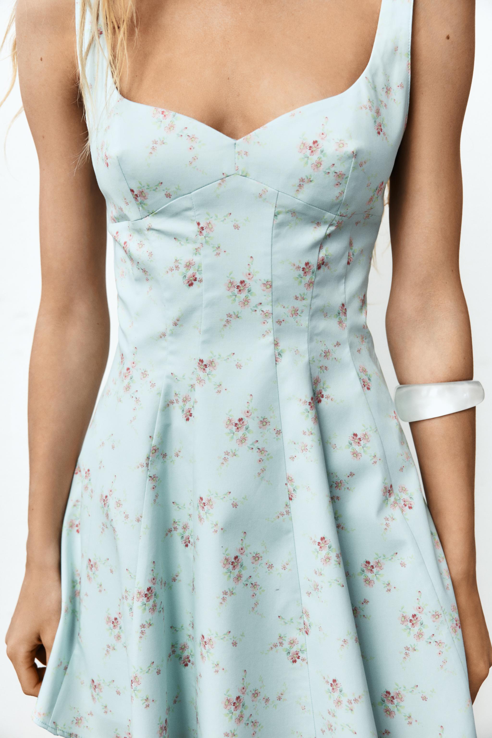 FLORAL POPLIN SHORT DRESS — Sky blue