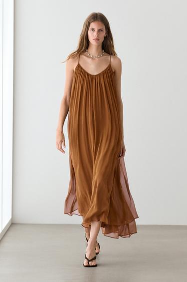 Zara 100% silk gathered midi dress - Brown / Taupe - Image 0