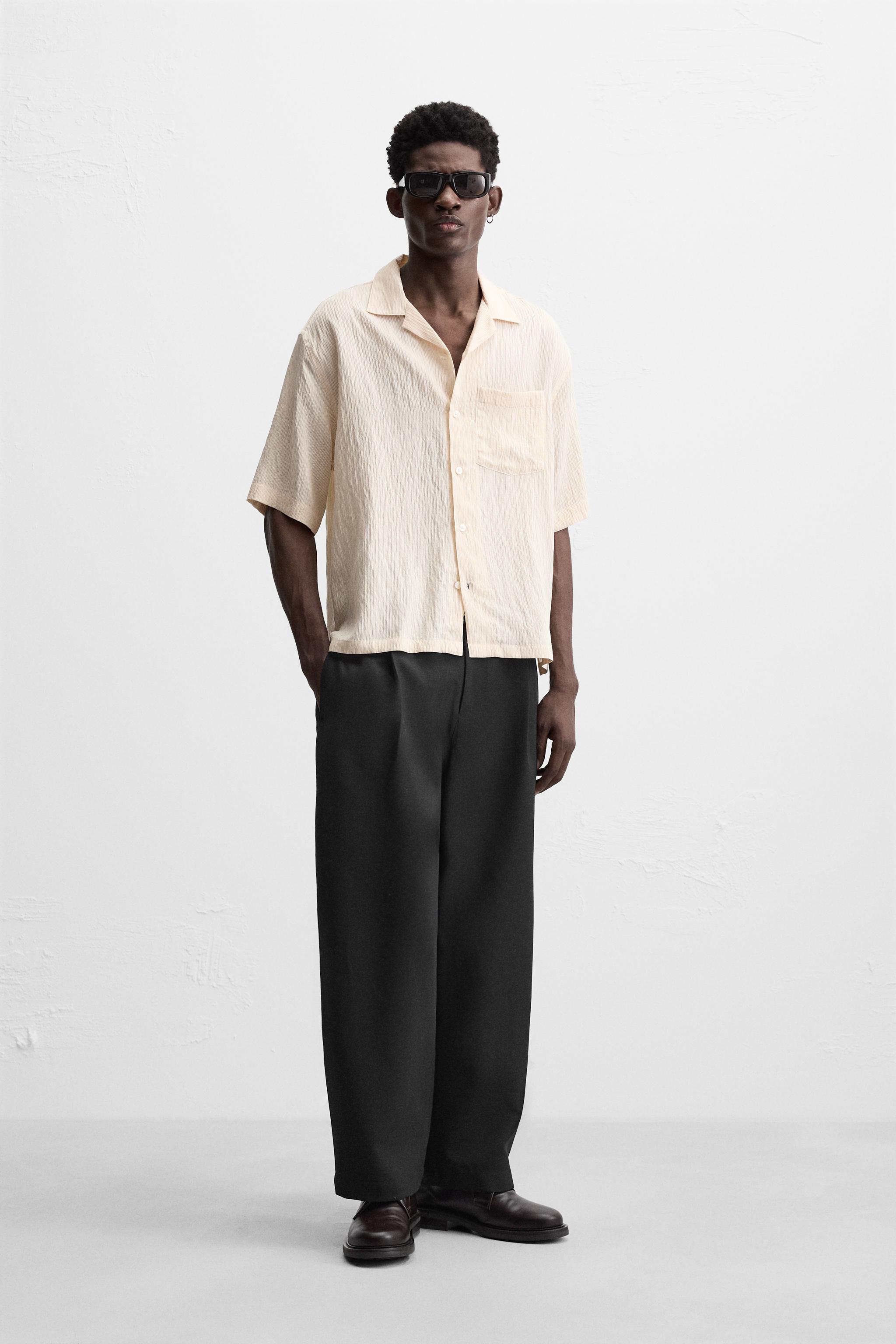 ［ZARA］ストライプ柄テクスチャー入りシャツ ストライプ柄パイルテクスチャーシャツ - エクリュ/ネイビー