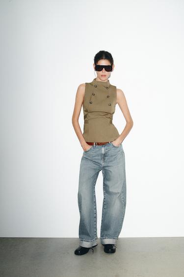 Zara BUTTON TOP - Khaki - Image 0