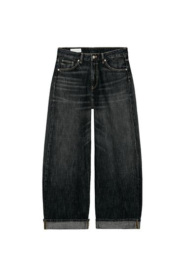 جينز BAGGY FOLDED بخصر متوسط - أسود لامع الخاص بـ Zara
