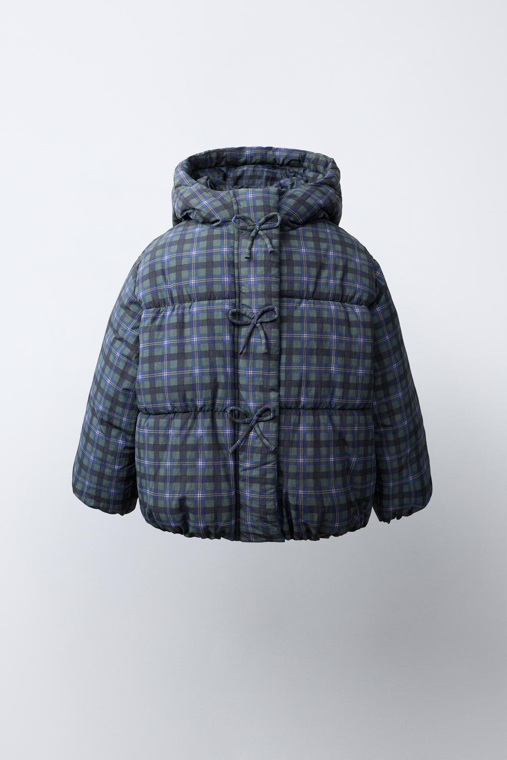 WATER-REPELLENT QUILTED COAT WITH CHECKS AND BOWS