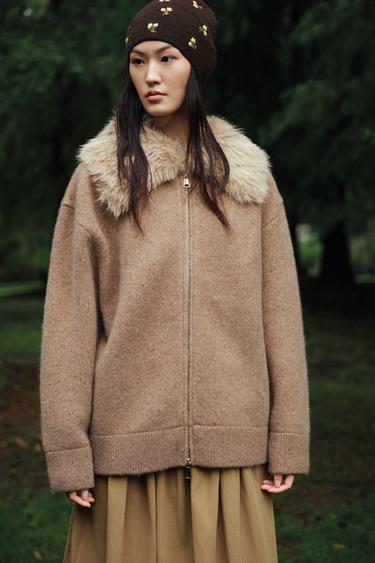 Zara 100% 羊毛毛絨效果翻領夾克 - 太妃糖色