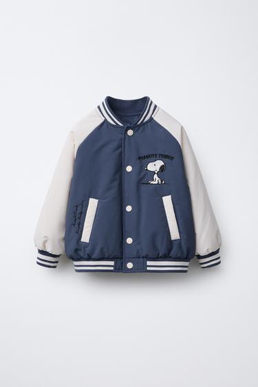 Zara SNOOPY PEANUTS™ EMBROIDERED BOMBER JACKET - Ecru / Blue