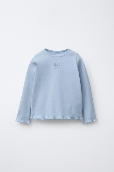 CAMISETA RIB BORDADO - Celeste de Zara - Imagen 0