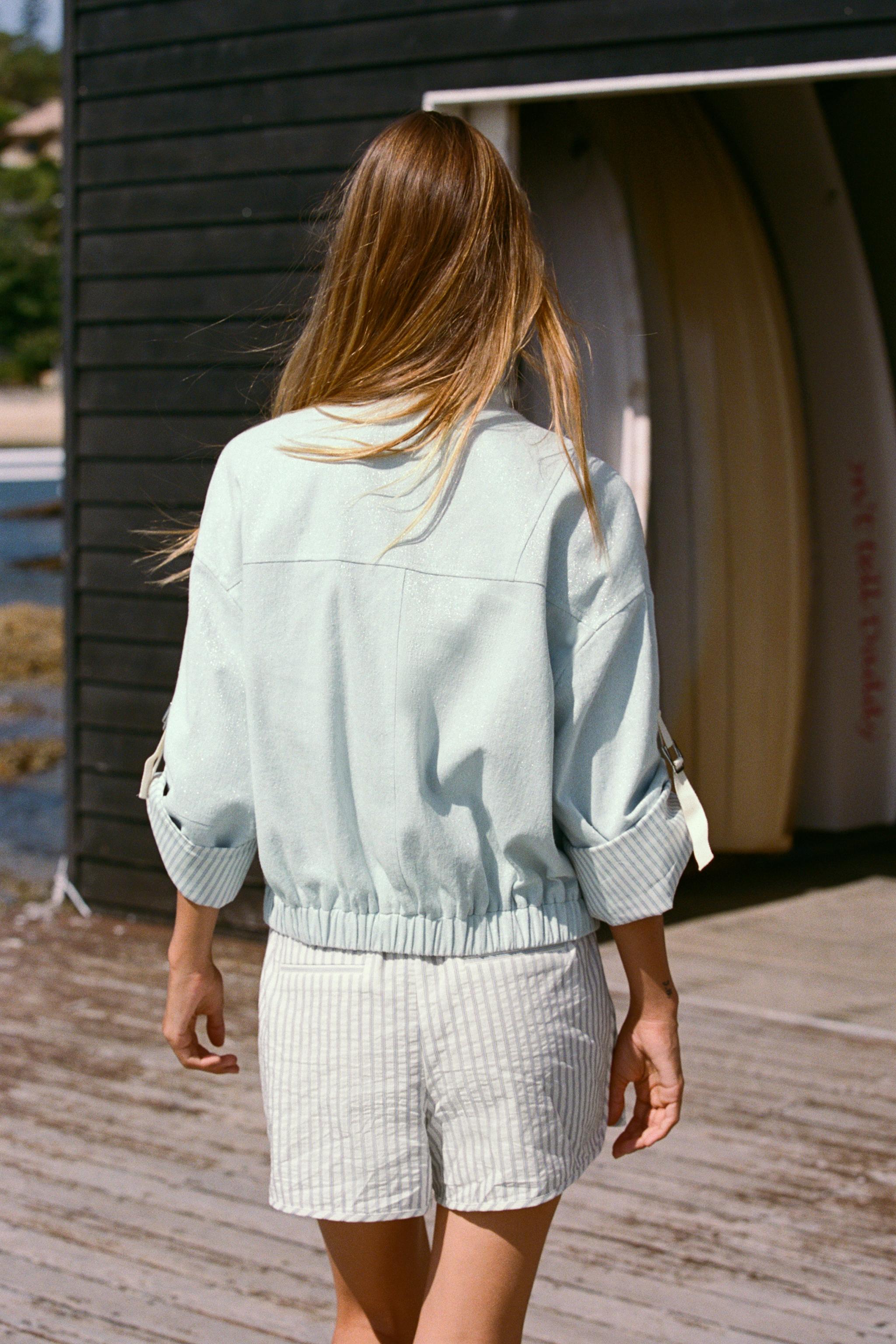 METALLIC THREAD TURN-UP SLEEVE JACKET - Sky blue | ZARA Canada