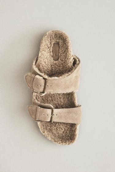 WARM SPLIT LEATHER DOUBLE-BUCKLE SANDALS - Ecru White by Zara