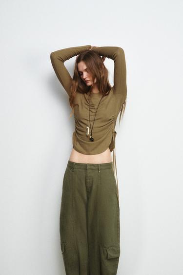 T-SHIRT RUSTIQUE À CORDONS - Marron tabac de Zara - Image 3