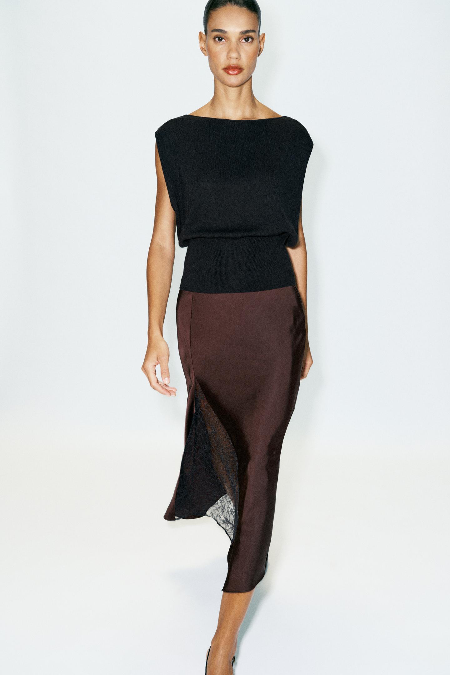 Женская юбка Zara Combined Satin MIDI, цвет: Коричневый — фото 3