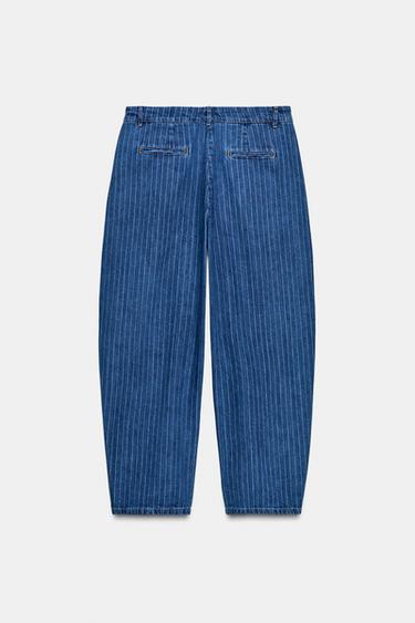 Zara STRIPED BALLOON DENIM PANTS ZW COLLECTION - Light blue