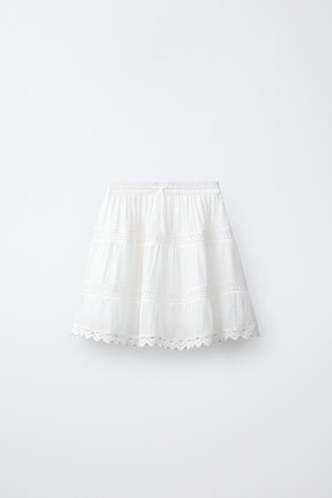 Zara ROMANTIC TIERED LACE SKIRT - White