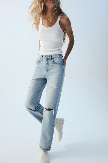Zara TRF HIGH-RISE WIDE-LEG RIPPED JEANS - Light blue