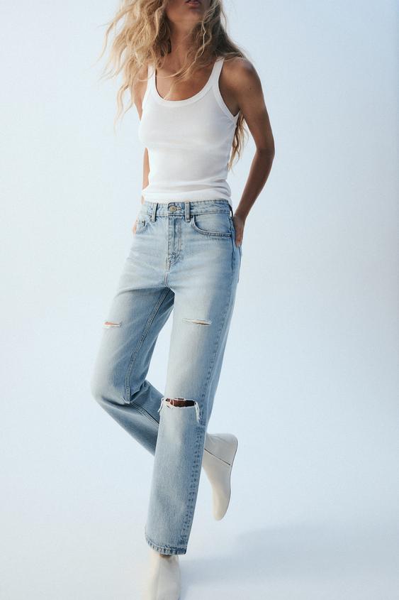 JEANS TRF WIDE LEG TIRO ALTO ROTOS - Azul claro de Zara - Imagen 0