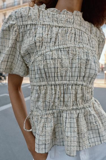 CHECK EMBROIDERED TOP WITH BOWS - Black / White by Zara - Image 5