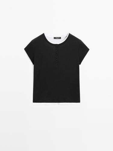 Zara Layered Henley T-shirt - Black - Image 0