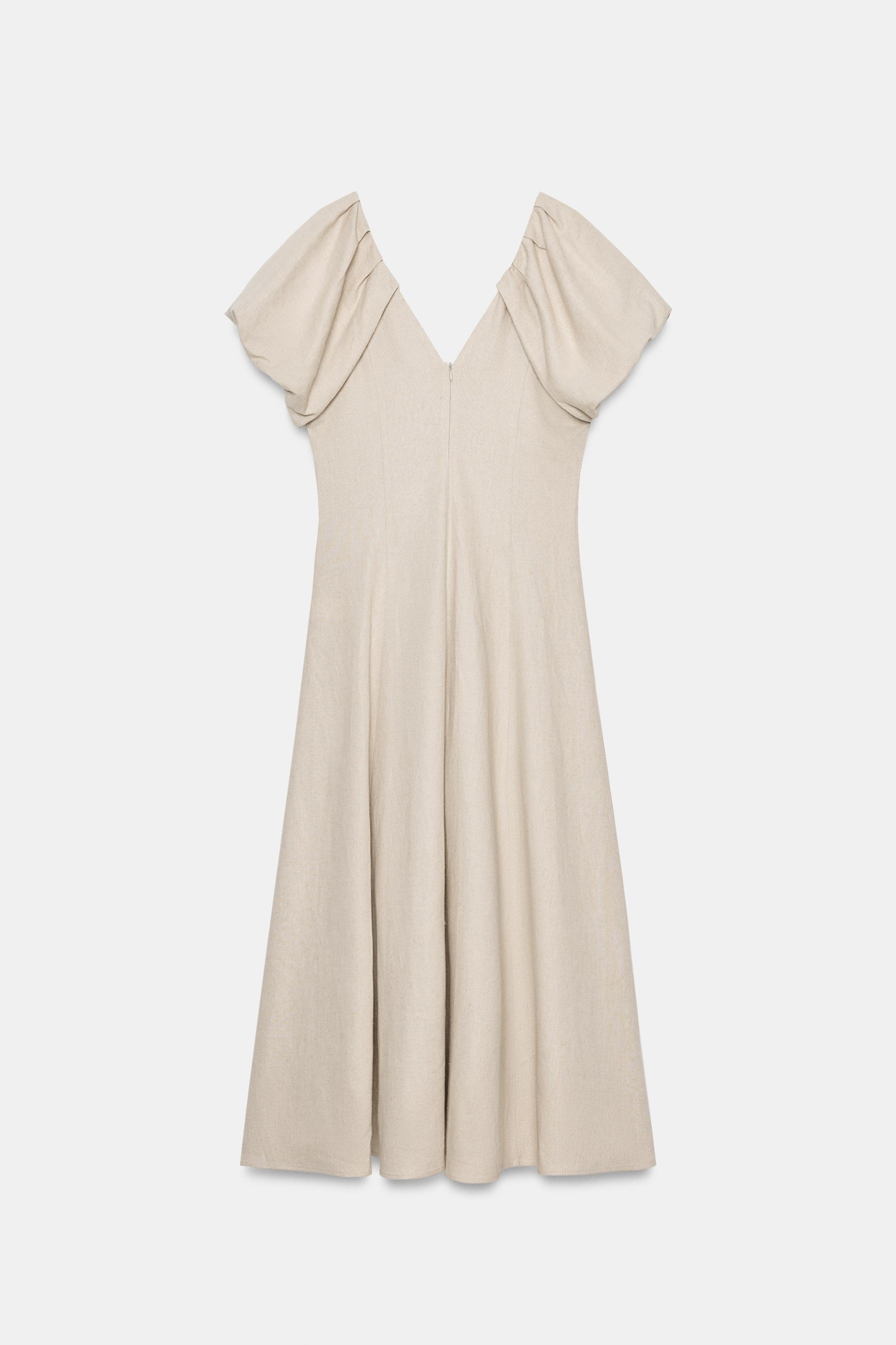 LINEN BLEND PUFF SLEEVE MIDI DRESS