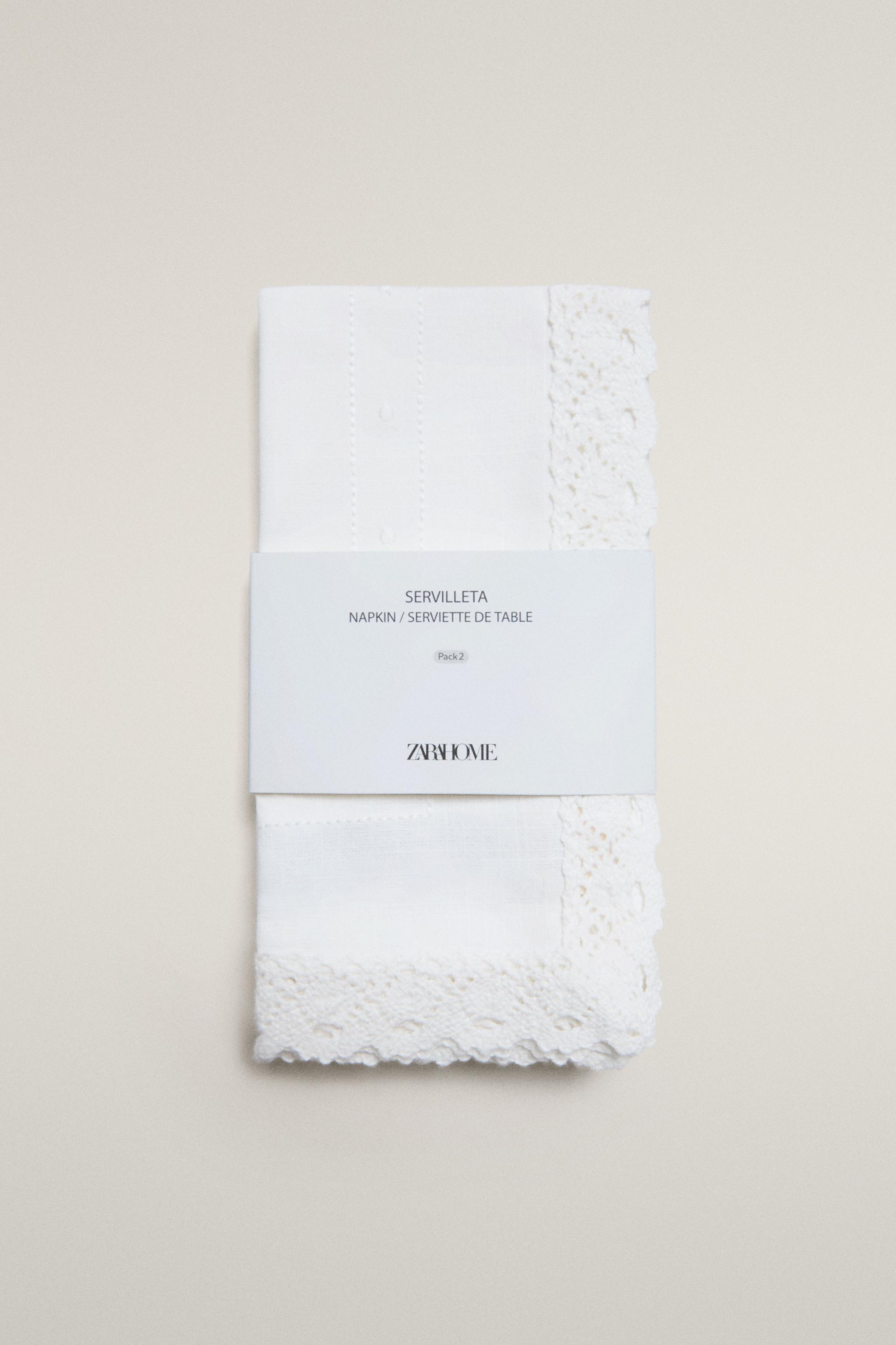 EMBROIDERED COTTON NAPKINS WITH LACE TRIM (PACK OF 2)