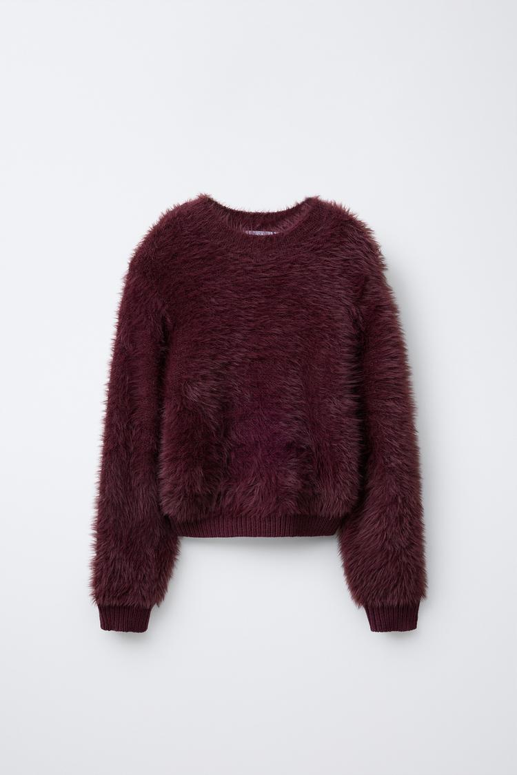 Knit Sweater Fur Cropped Jumper FAUX FUR KNIT SWEATER Burgundy