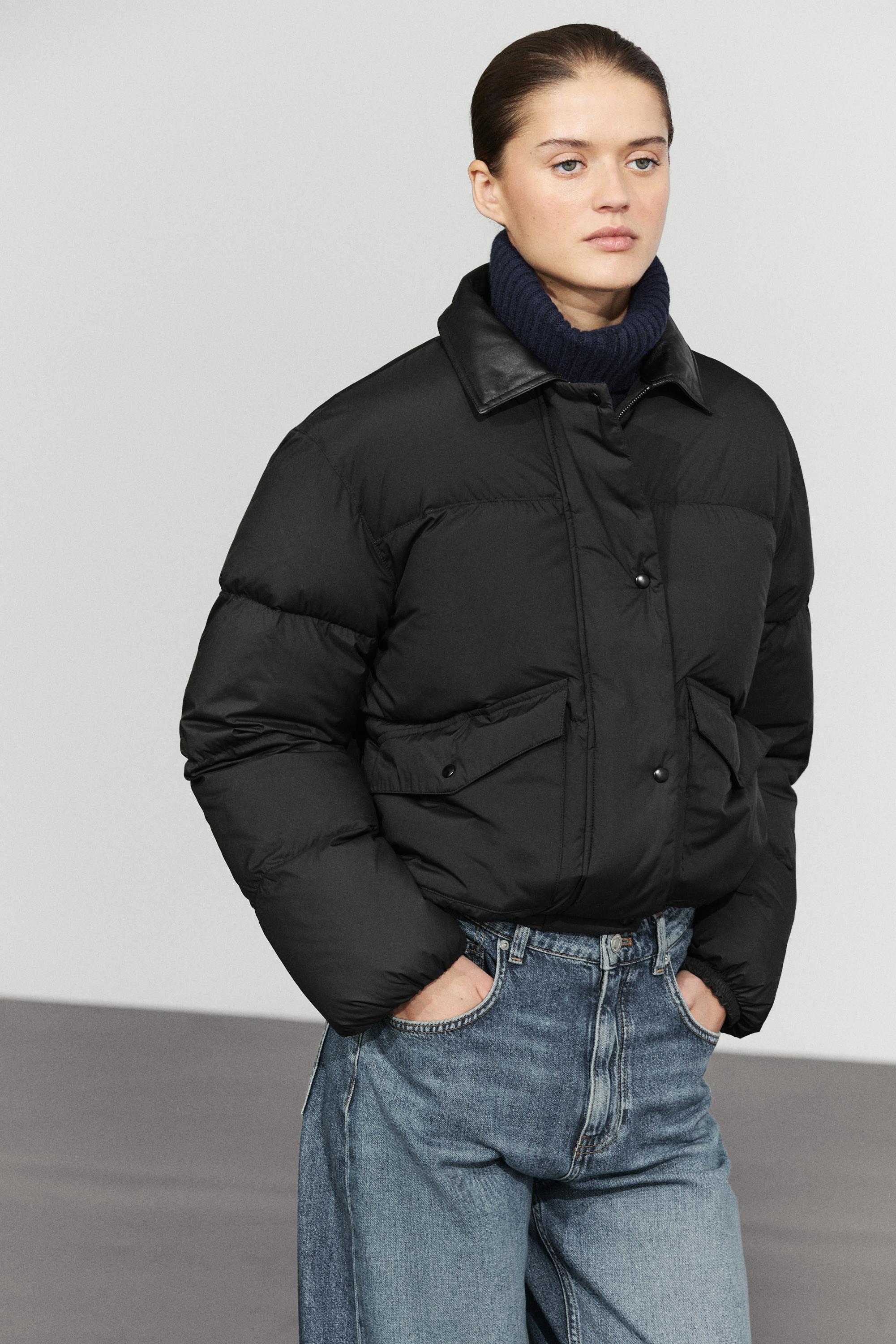 Down bomber jacket with nappa leather collar
