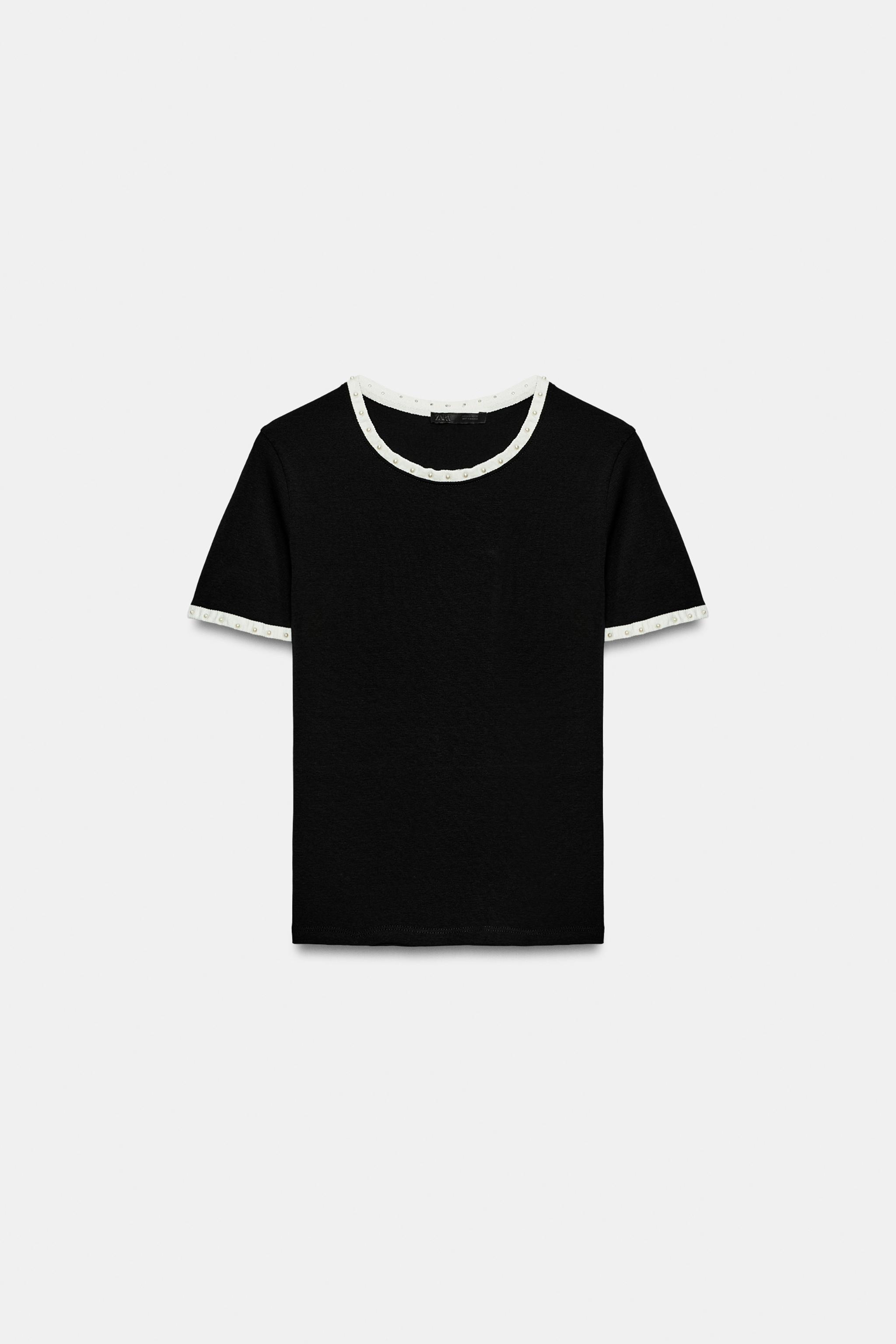 Женские футболки Zara CONTRAST PEARL T-SHIRT — фото 7