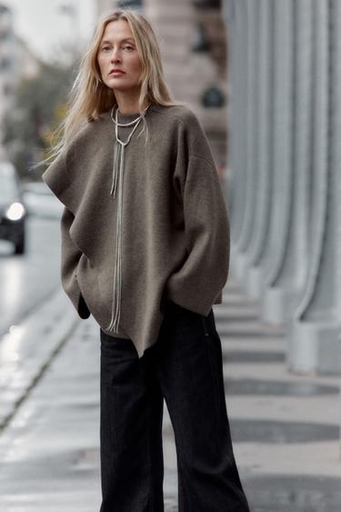 SHORT KNIT COAT WITH SCARF - Brown / Taupe by Zara