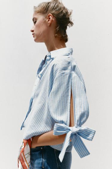 STRIPED LINEN BLEND SHIRT WITH BOWS - Blue/White by Zara - Image 2