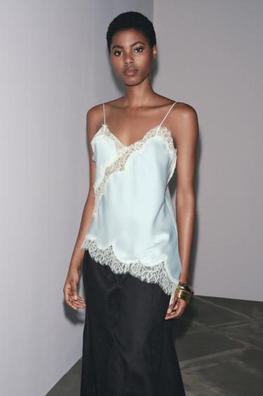 Zara ZW COLLECTION LACE CAMISOLE TOP - Light blue