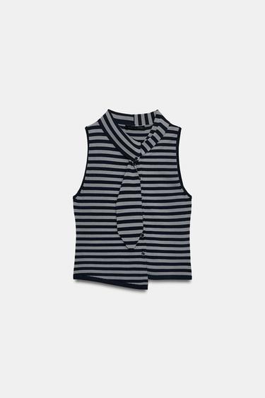 STRIPED KNIT TOP WITH BOW - Grey / Blue by Zara - Image 0