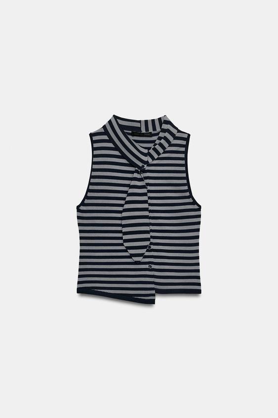 STRIPED KNIT TOP WITH BOW - Grey / Blue by Zara - Image 0