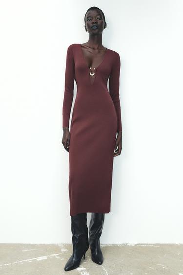 KNIT DRESS WITH GOLD APPLIQUÉ - Wine by Zara - Image 0