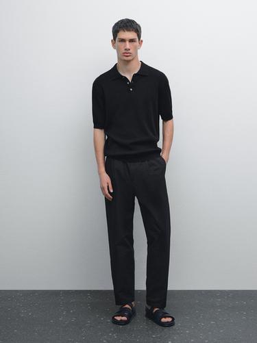 Zara 100% cotton ribbed knit polo shirt - Navy blue - Image 0