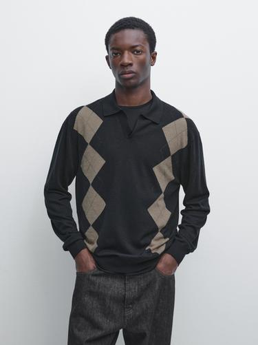 Zara Wool blend argyle knit polo sweater - Navy blue