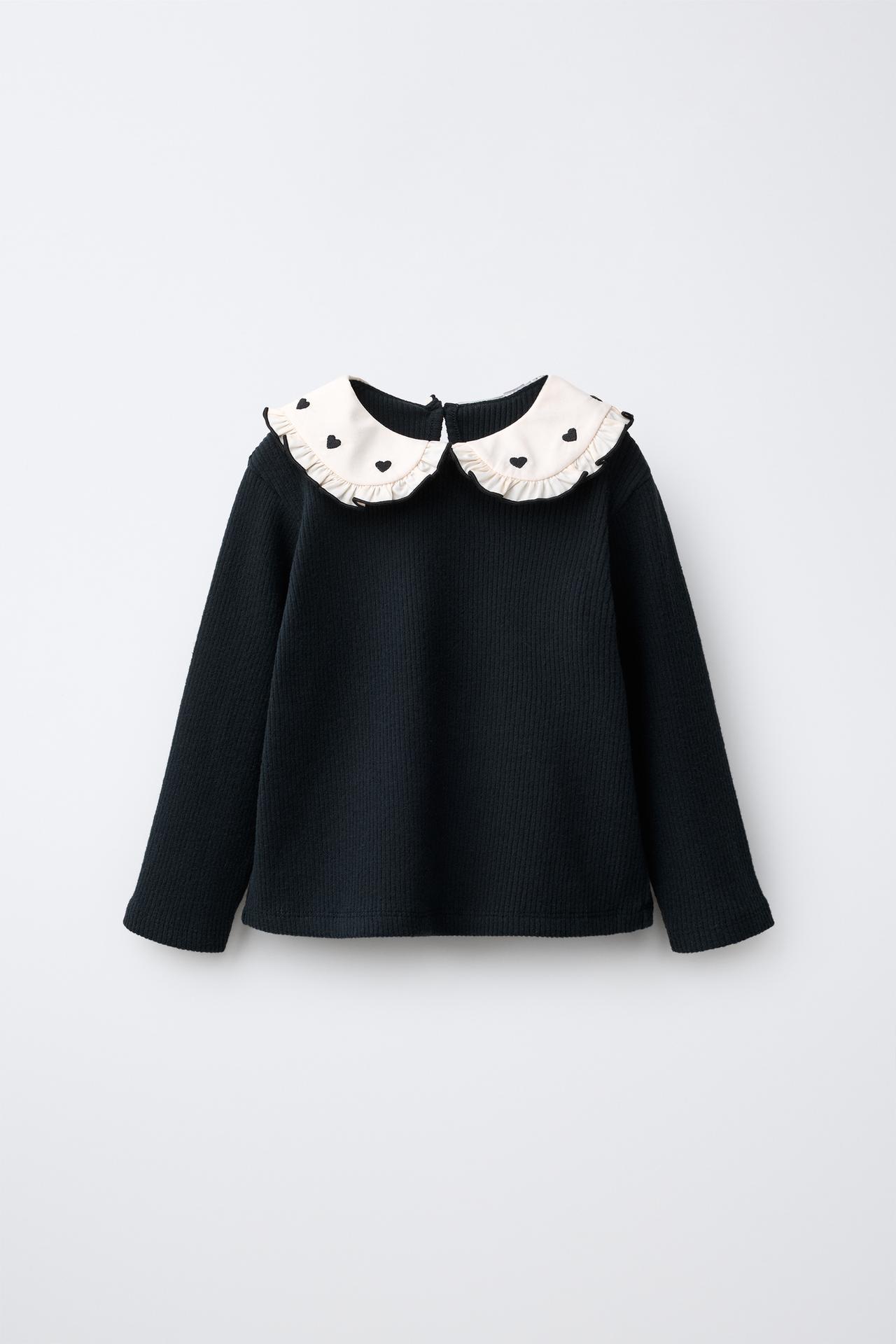 SOFT-TOUCH EMBROIDERED PETER PAN COLLAR T-SHIRT — Anthracite grey