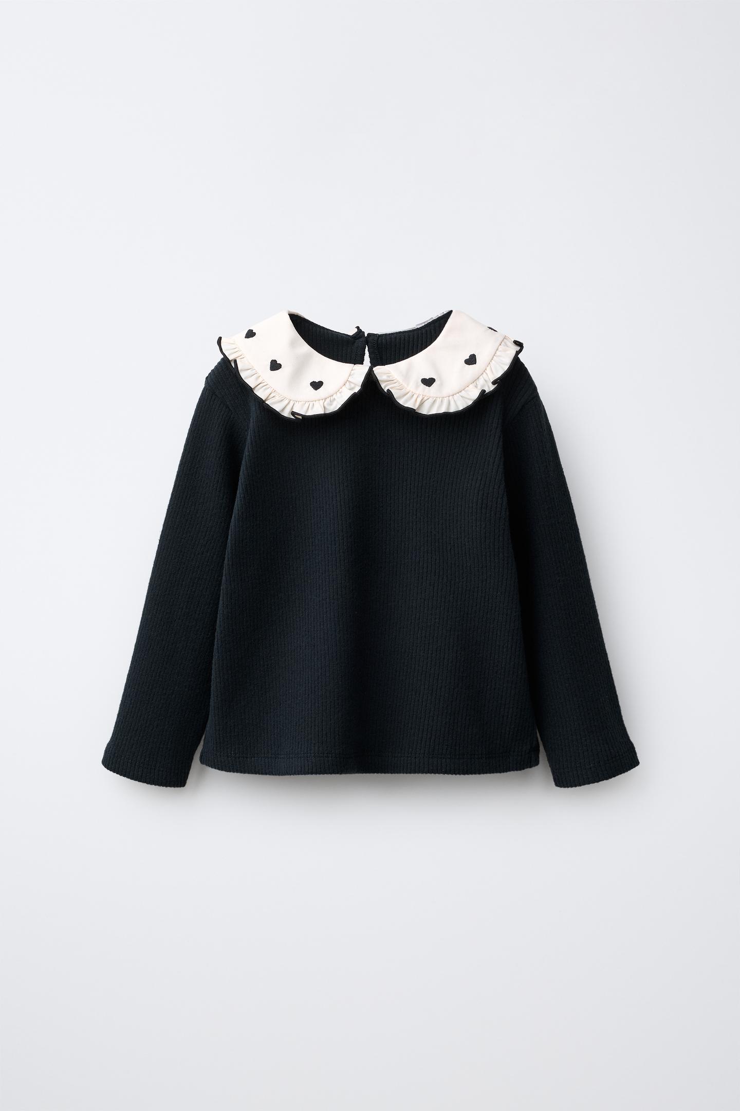 Детская футболка Zara Soft-Touch Embroidered Peter Pan Collar, цвет: Антрацитовый серый — фото 1