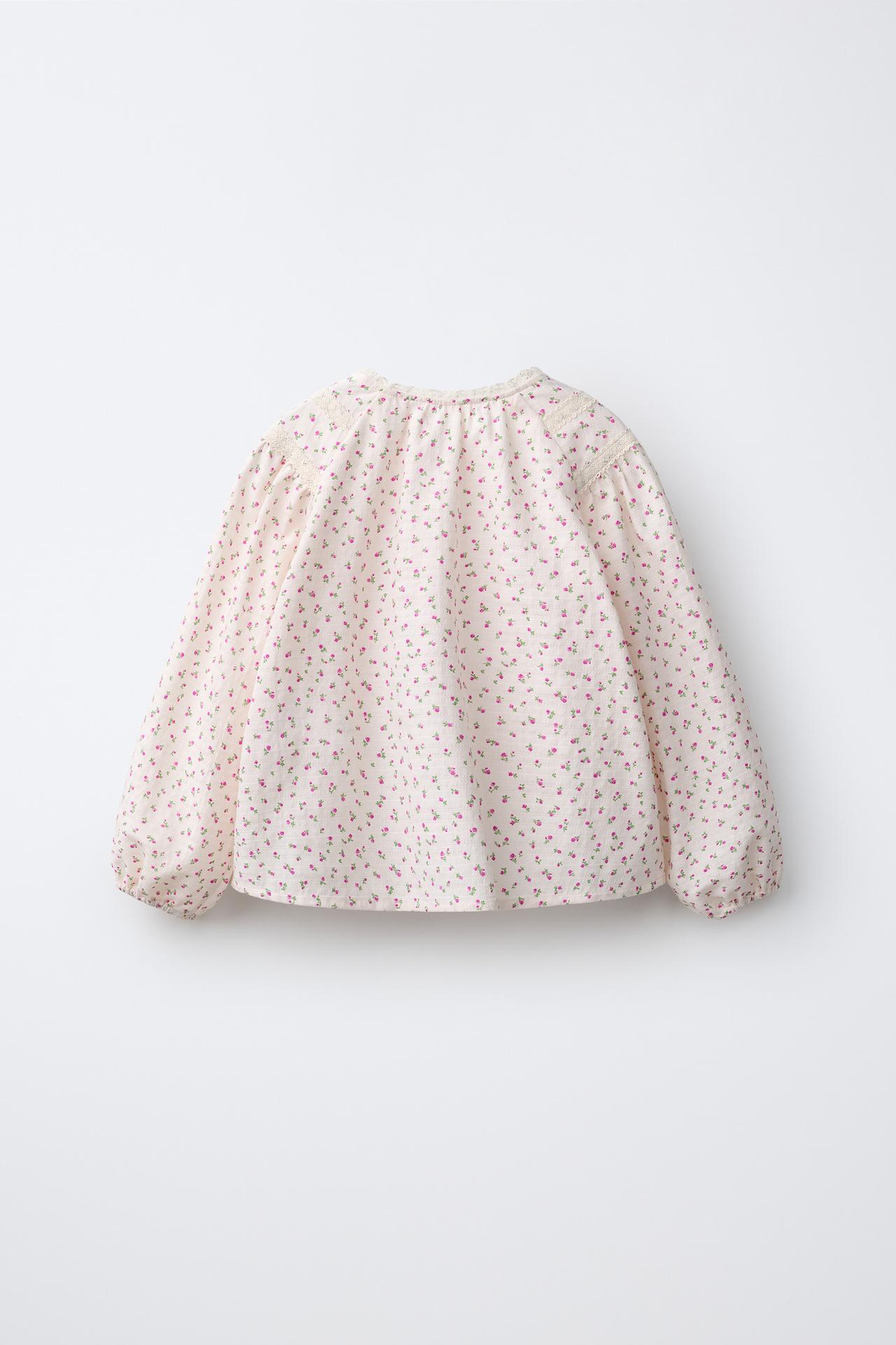 FLORAL PRINT BLOUSE WITH LADDER LACE — Beige-pink