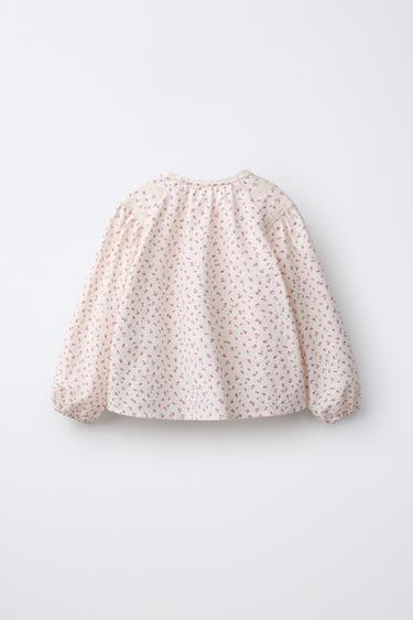FLORAL PRINT BLOUSE WITH LADDER LACE — Beige-pink 2