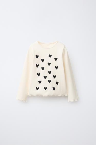 RIBBED T-SHIRT WITH EMBROIDERED HEARTS - Black by Zara - Image 0
