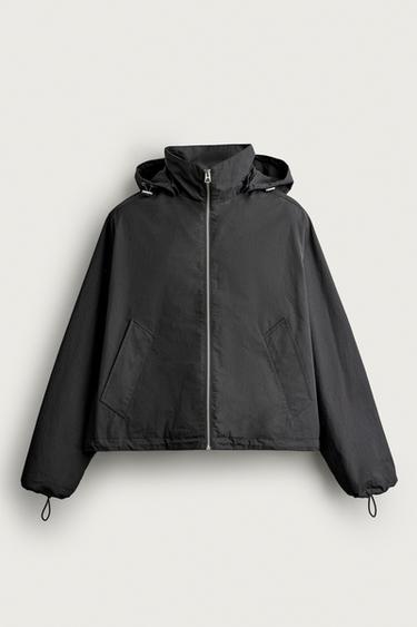 CROPPED FIT TECHNICAL HOODED JACKET - Black by Zara