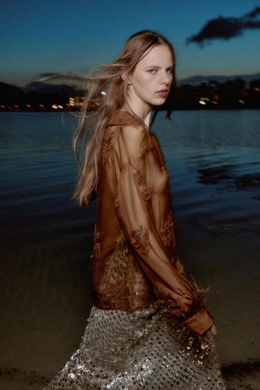 SEMI-SHEER SEQUINNED FEATHER SHIRT - Russet by Zara - Image 2