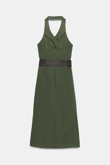 MIDI LINEN BLEND DRESS WITH BELT - Dark khaki by Zara - Image 8