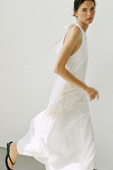 Zara COMBINATION LINEN MIDI DRESS - White