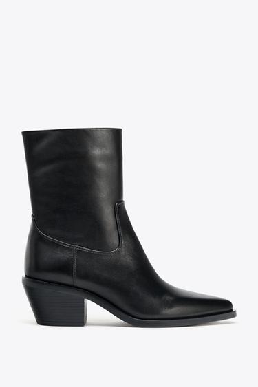 Zara LEATHER COWBOY ANKLE BOOTS - Black