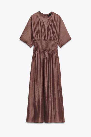 VESTIDO PUNTO COMBINADO CINTURA PLISADA - Marrón de Zara
